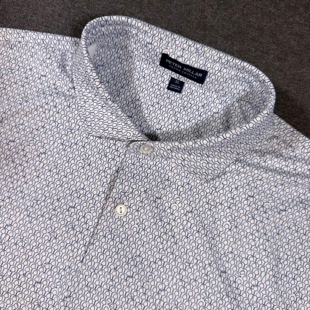 Peter Millar Crown Crafted Polo Mens XL White Blue Wine Glass Print Golf Shirt